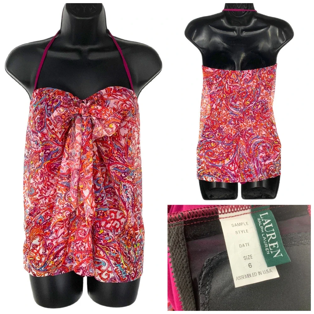 NEW Ralph Lauren Sz 6 Mesh Overlay Paisley Maroon One Piece Swimsuit Sample